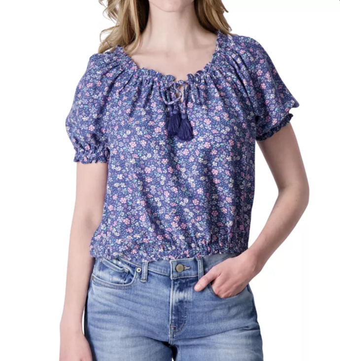 Which floral blouse would harmonize best for tan skin, brown hair and green eyes?