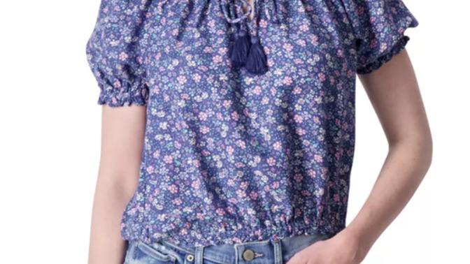 Which floral blouse would harmonize best for tan skin, brown hair and green eyes?