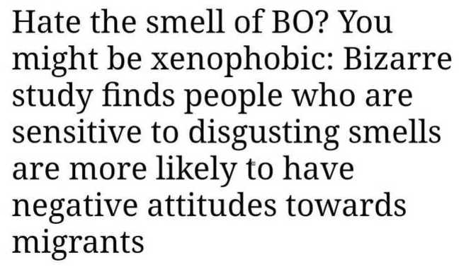 Body Odor. If you hate the smell of BO you are probably xenophobic racist Alt-Right?