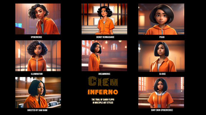 Candi Flippo / Ciem in Spiderverse, Disney, Pixar, Dreamworks, Illumination, EA Dice, Sony, and Sam Raimi styles