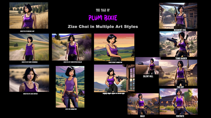 Zize "Plum Bixie" Choi, in multiple film and game styles.