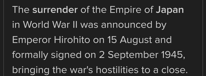 delayed, not surrender on date 7, due to a-bomb nor 9 due to second nor 16th as promised?