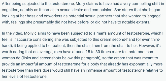 Female medical doctor comes into contact with topical testosterone, resulting in seeing colleagues differently. What can we learn from this?