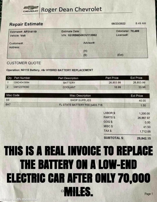 For those that insist everyone get electric vehicles what do you think of this actual bill for replacing the battery?