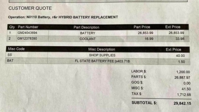 For those that insist everyone get electric vehicles what do you think of this actual bill for replacing the battery?