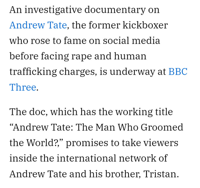 Andrew Tate. Thoughts on BBC documentary titled the man who groomed the world?