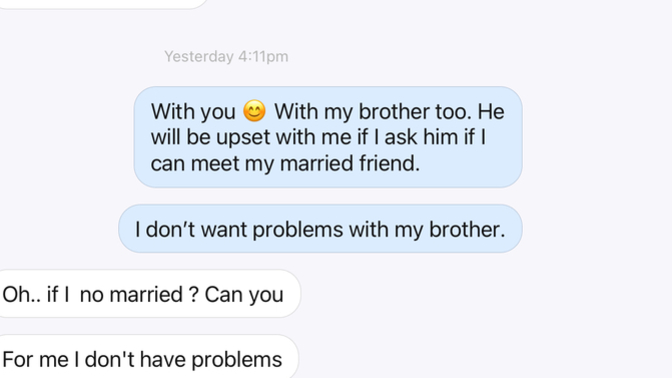 Married Muslim man is asking to meet me, even told me I can bring my brother too if I felt more comfortable, is this normal?