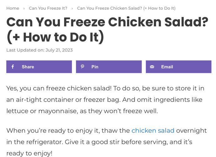 Should I put my Costco chicken salad in the fridge or the freezer? Where should my cooked shrimp rings go, freezer or fridge?