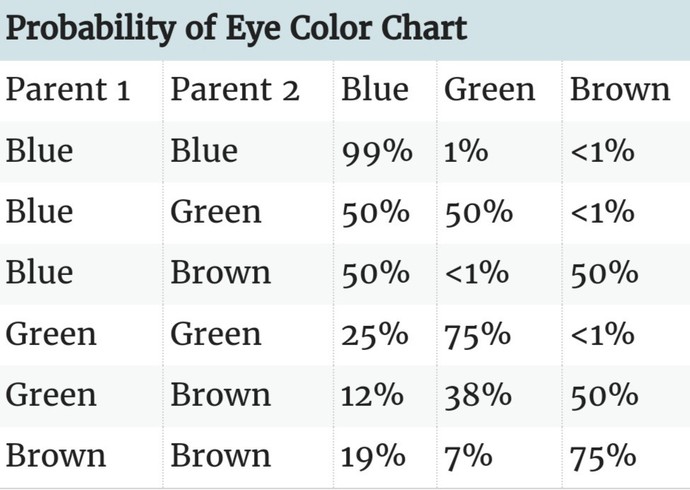 Considering I have white blonde hair and blue eyes, father of my child is of half-Hispanic heritage what are the potential physical characteristics?