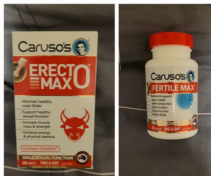 Caruso's Erectomax and Fertile Max Fertility Supplements.