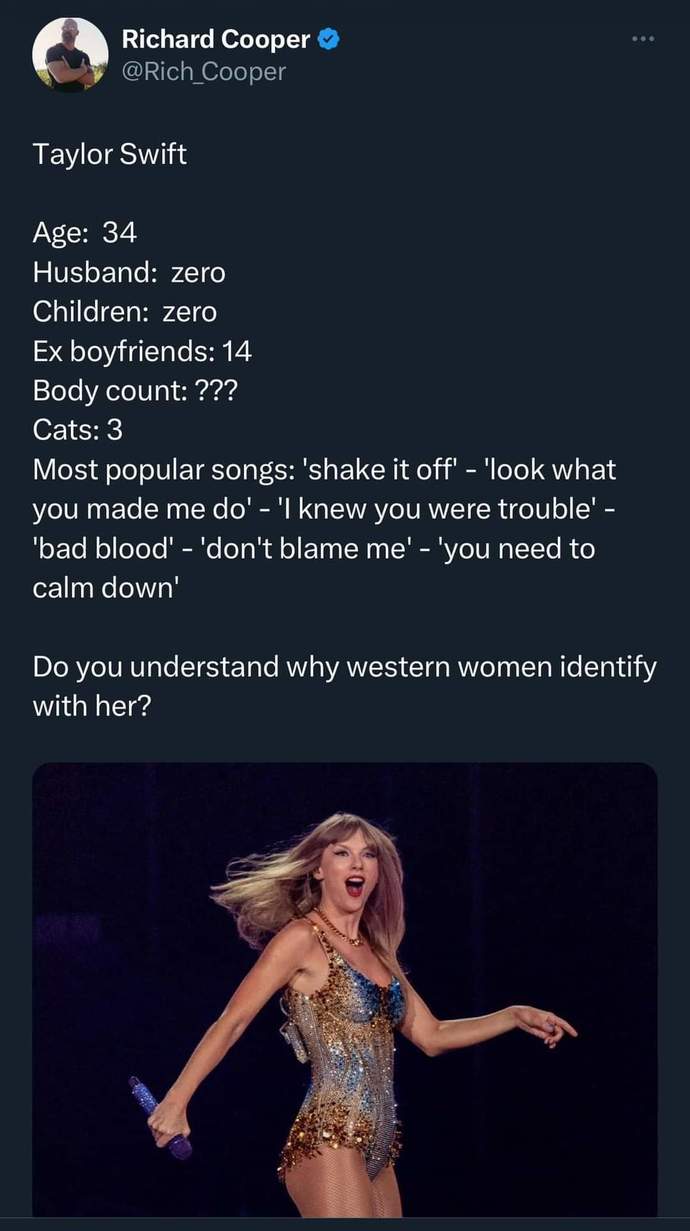 Thoughts on why so many past their prime single women in their 30s identify with Taylor Swift?