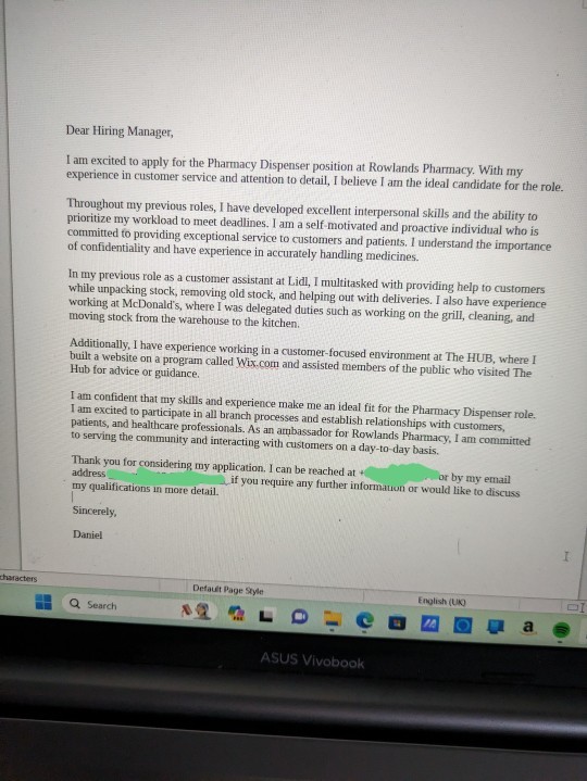 Not sure what else I can do to improve this cover letter or whats missing?