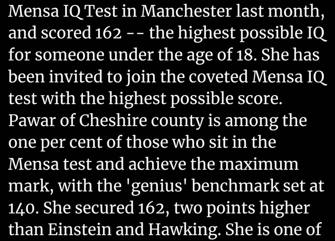 higher than hawking! some claim einstein 180 iq, but 162 was more so his less than 162!
