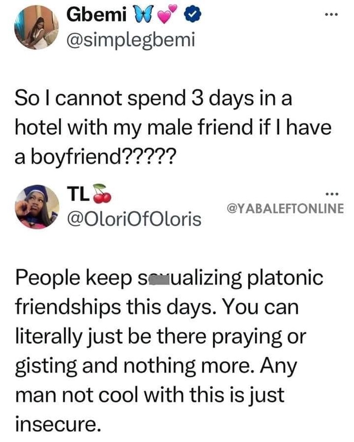 If a woman spends 3 days in a hotel with a male friend alone , is that a cheating?