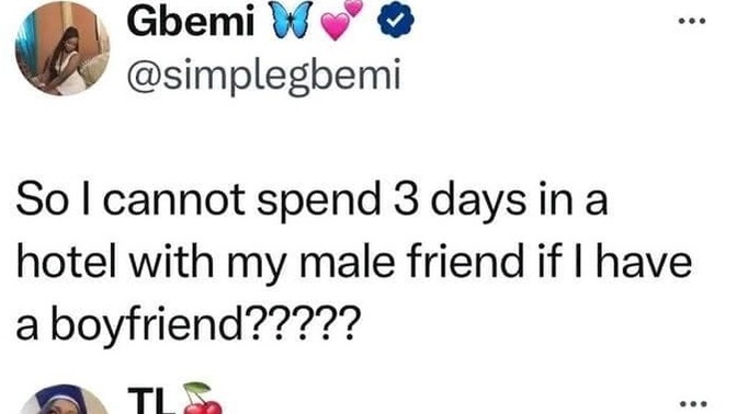If a woman spends 3 days in a hotel with a male friend alone , is that a cheating?