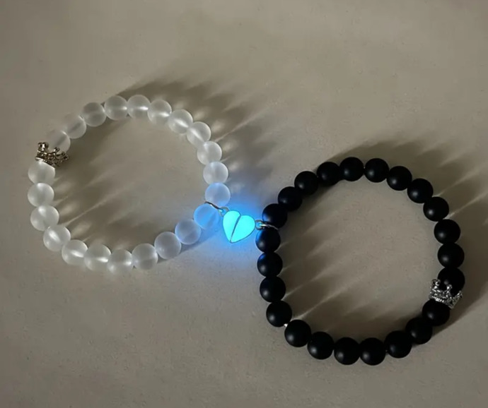 Clear bracelet with silver queen crown & Black Bracelet with silver king crown. Silver Heart magnet Glows.