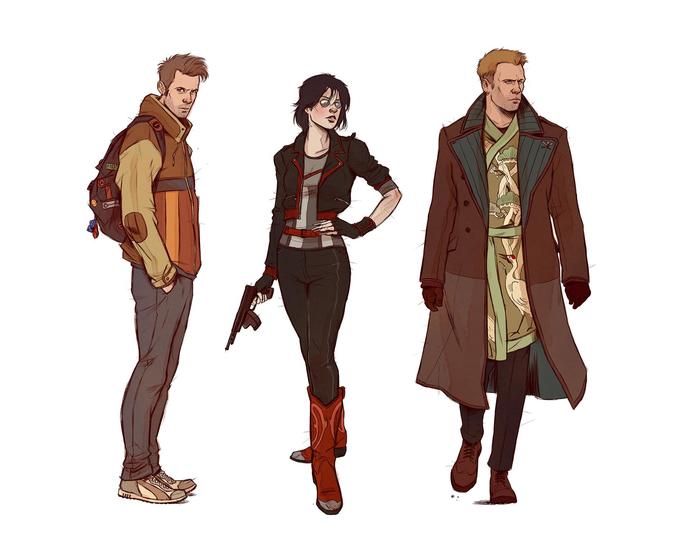 Fanart of Case, Molly and Armitage from Neuromancer.