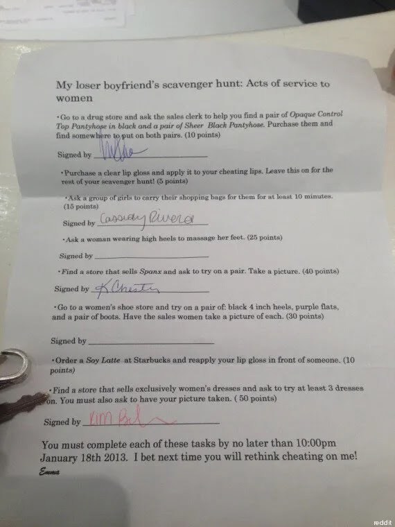 Cheating Boyfriend Sent On Humiliating Scavenger Hunt By Girlfriend. What do you think of this revenge?