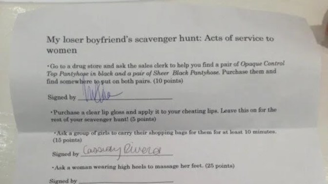 Cheating Boyfriend Sent On Humiliating Scavenger Hunt By Girlfriend. What do you think of this revenge?
