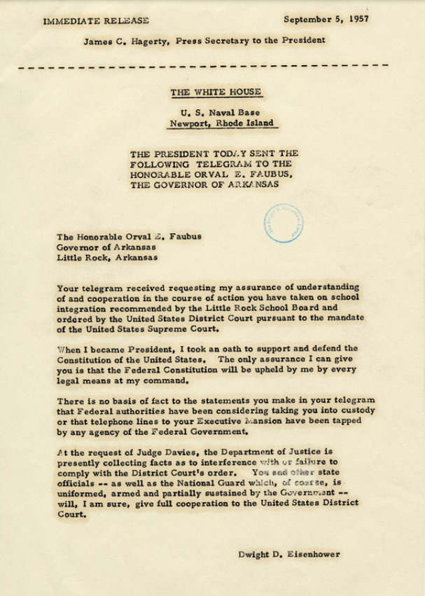 Press release, President Eisenhower's telegram to Governor Faubus, September 5, 1957