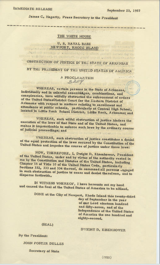 Proclamation 3204, Obstruction of Justice in the State of Arkansas, 23 SEP 1957, p. 1