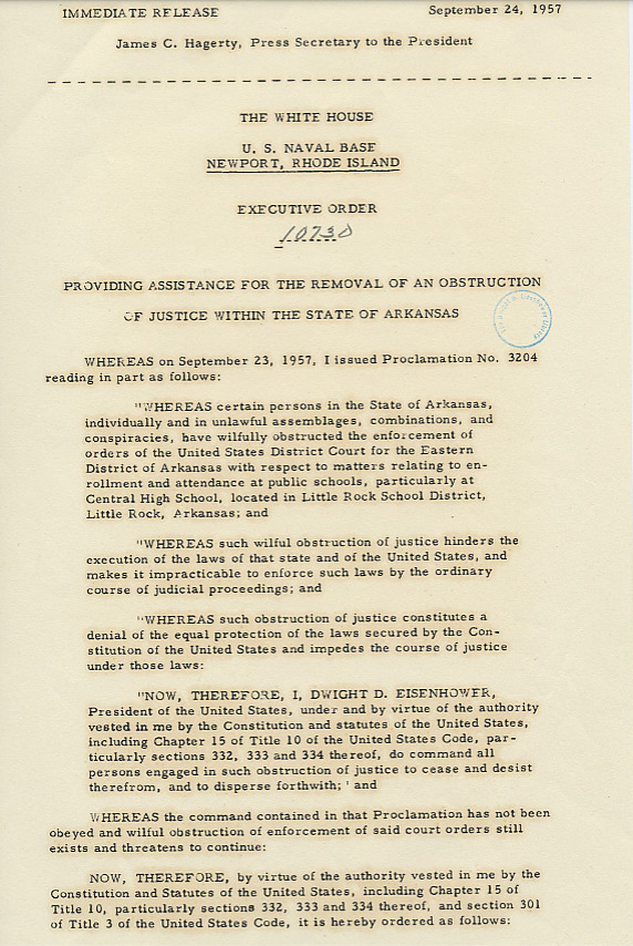 Executive Order 10730, Providing for the Removal of an Obstruction of Justice in Arkansas, 24 SEP 1957, p 1 of 2