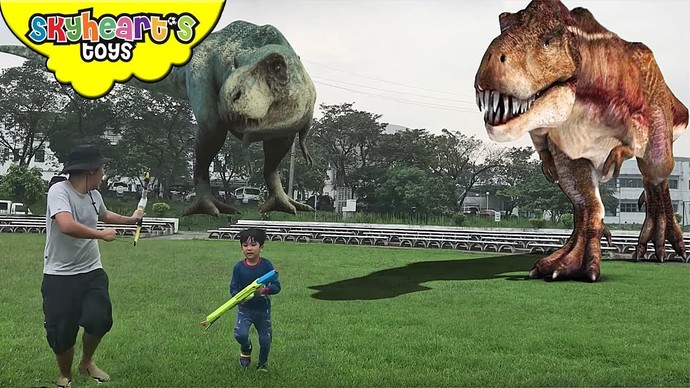 Boy taking out T-Rex with nerf gun... boy make tasty snack...
