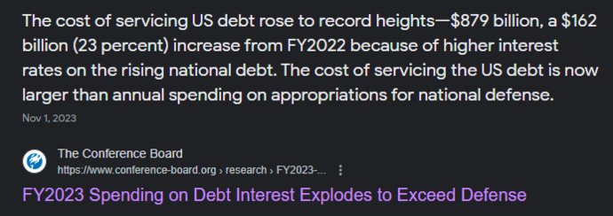The Cost Of Servicing The US Debt Is Now Larger Than Annual Spending On Appropriations For National Defense. Does this make any sense?