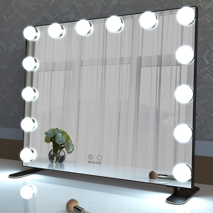 Stage-style mirror with lights across the top and down both sides