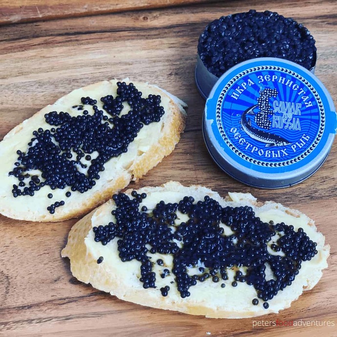 Breakfast. Black caviar and sweet hot tea.