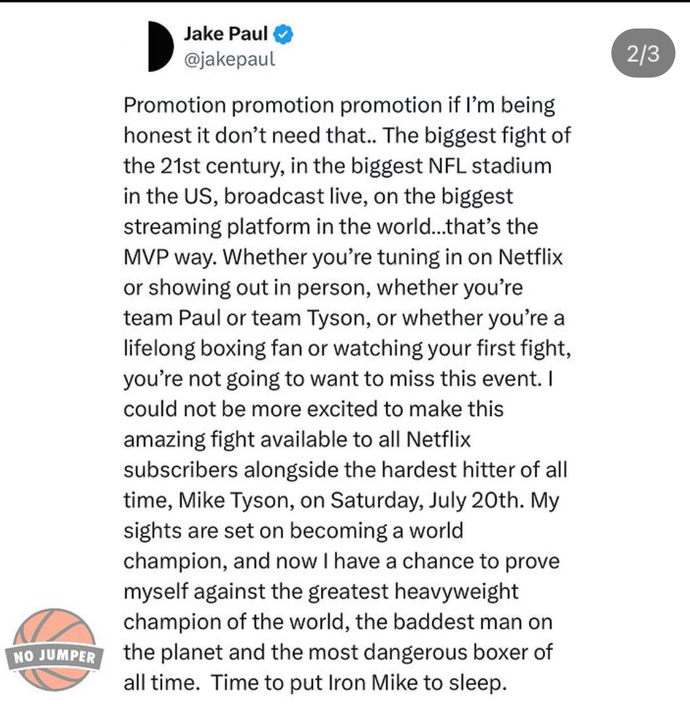 What are your thoughts on Mike Tyson vs Jake Paul in a boxing match live on Netflix taking place in AT&T stadium?