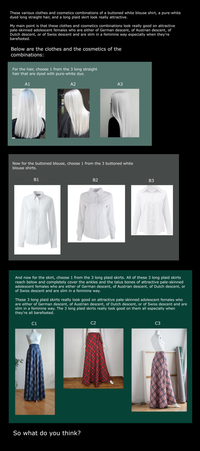 What do you think of these various clothes and cosmetics combinations?