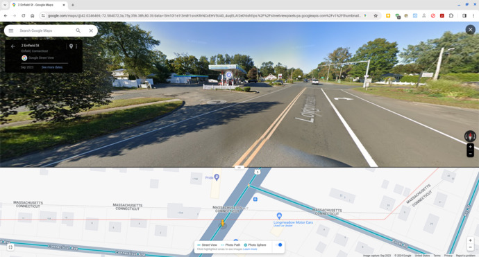 Pride gas station on US-5 in Longmeadow MA FEET over the border with CT as seen from Enfield CT (*).
