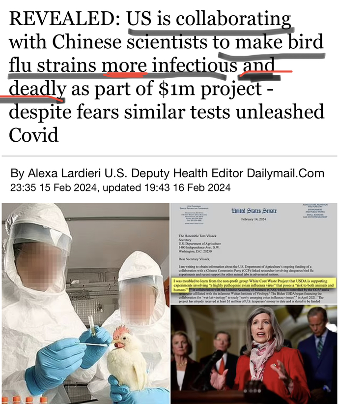 Are you guys scared that USA is attempting to make the bird flu more deadly? Why are we lab rats? 😳😐😖?