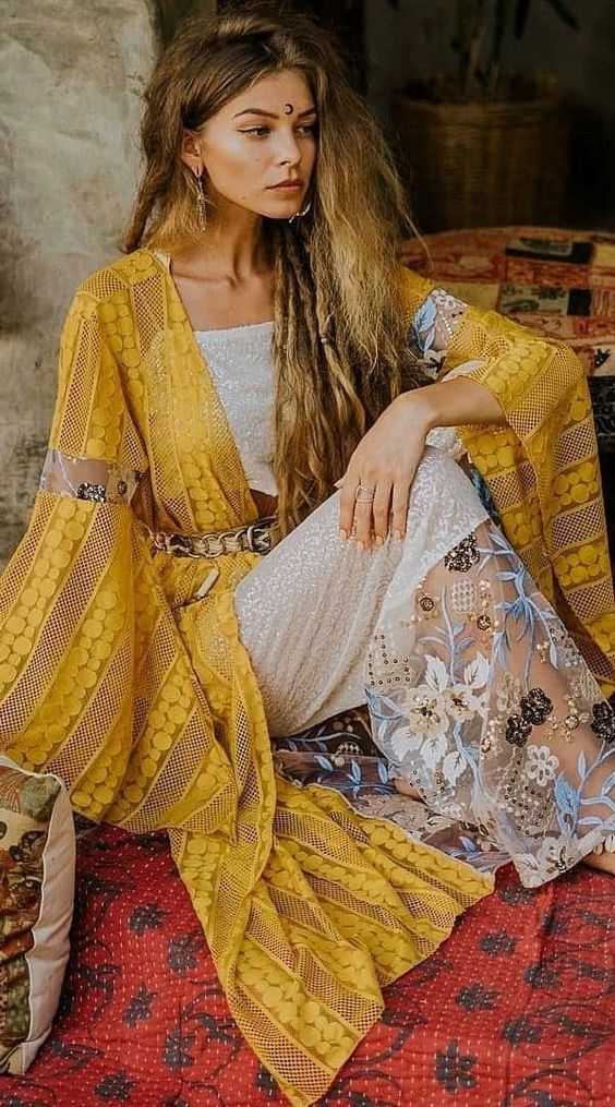 What outfit gives off the most boho vibes?