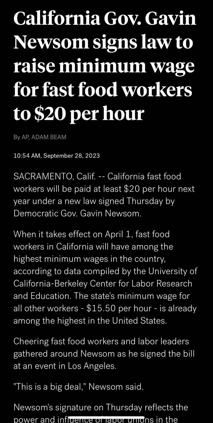 Do You Support a $20 USD Per Hour Minimum Wage For Fast Food Workers Like California Has Implemented?