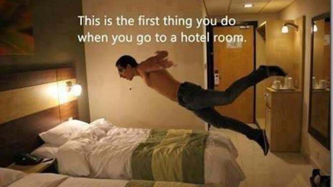 What is usually the first thing you do when you enter a hotel room you're staying in for the first time?