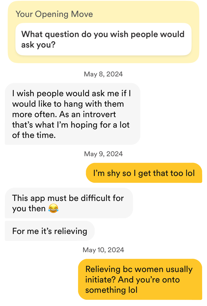 This guy gives his take on why he likes bumble, being a shy guy (even though he messaged first). Anything off putting?