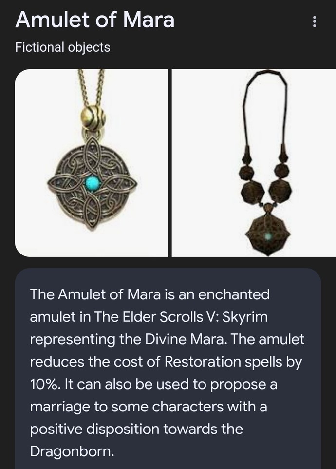 It doesnt directly say this but in skyrim, romantically viable people wear this amulet to show they are available.