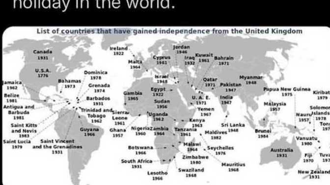 Did YOU know that for every 6 days a country in the world celebrates it's independence from Britain?