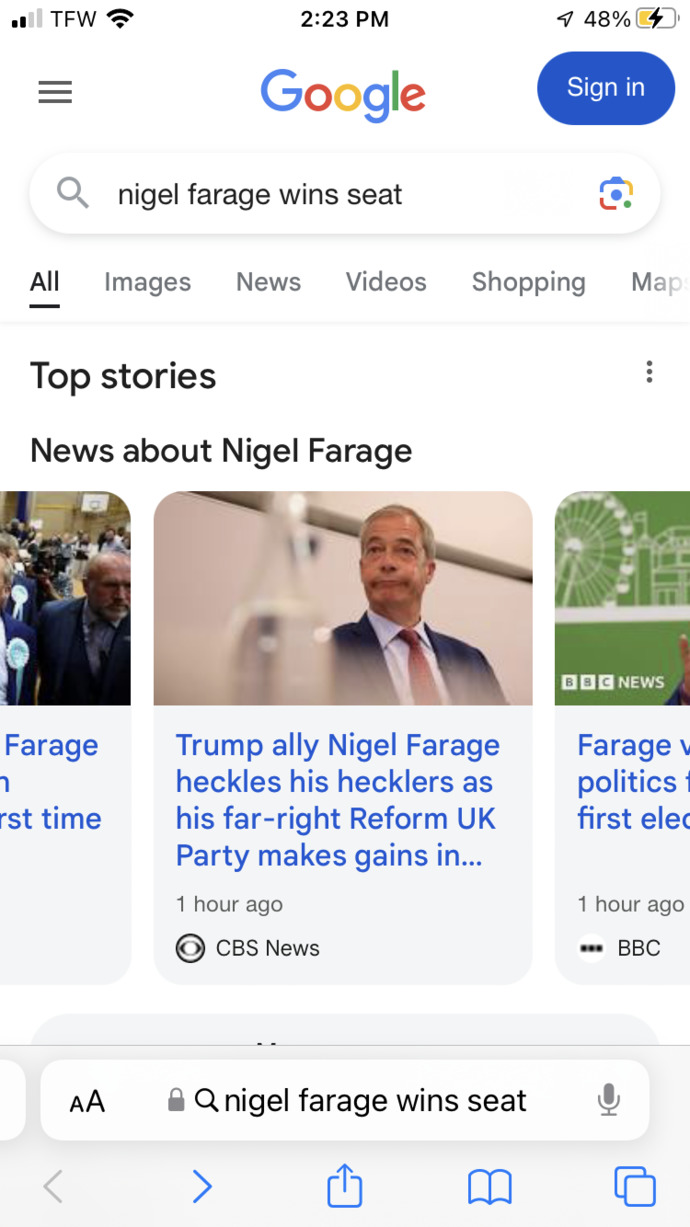 Are British people happy that Nigel Farage is in Parliament after his 8th election attempt?