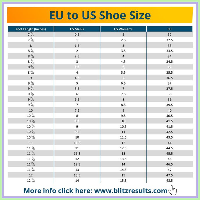 Men and women's shoe size conversions US to Europe.