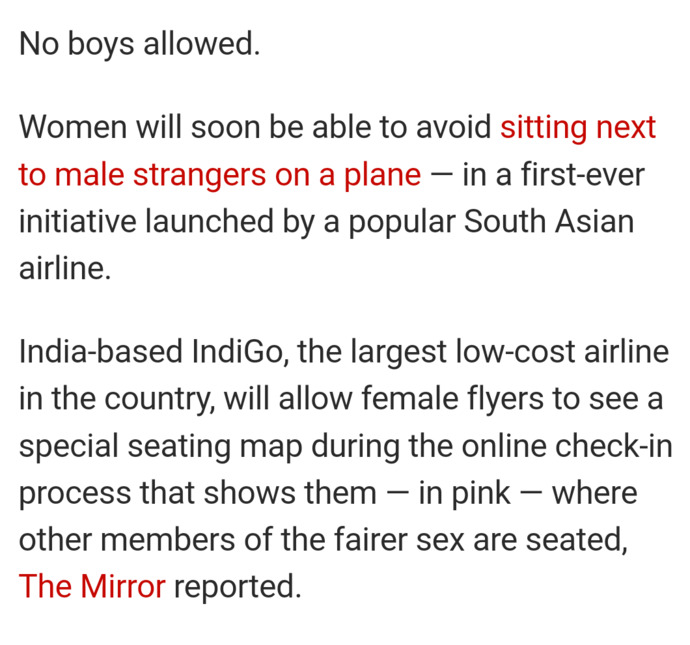 Is it fair for airlines to offer women an option not to sit next to a man on a plane but not give a man the option not to sit next to a woman?
