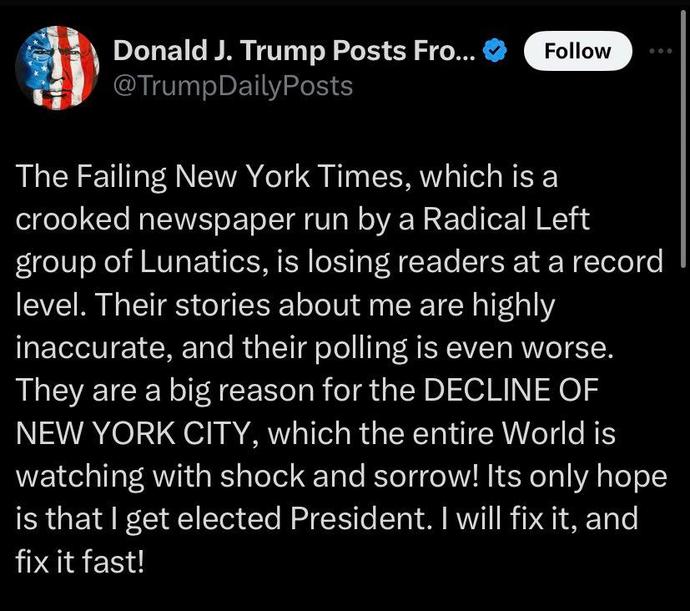 He attacks a place where his craphole tower is. There is no decline in NYC. Its still full of tourists and people. why fear monger?