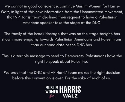 What do you think of MUSLIM WOMEN FOR HARRIS-WALZ withdrawing their support?