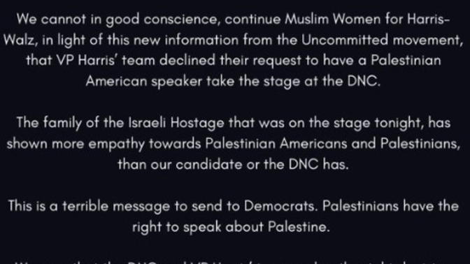 What do you think of MUSLIM WOMEN FOR HARRIS-WALZ withdrawing their support?
