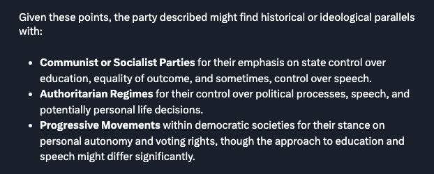 I asked three LLM AIs the following about political parties, these are the results, what do you think of the results GAG?