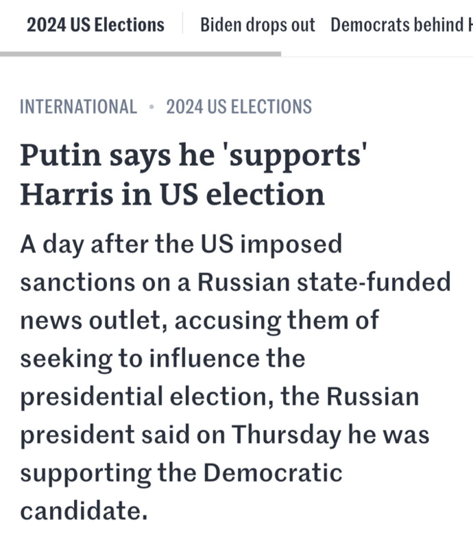 Russian president Vladimir Putin endorses Kamala Harris and the Democrats in the US election. Is it any surprise?
