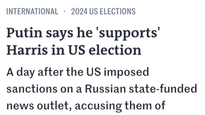 Russian president Vladimir Putin endorses Kamala Harris and the Democrats in the US election. Is it any surprise?
