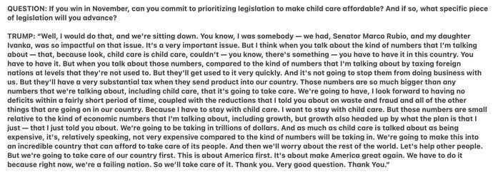 Republicans - You want affordable Child Care - Is Trumps answer to the question sufficient to you to mak child care affordable?